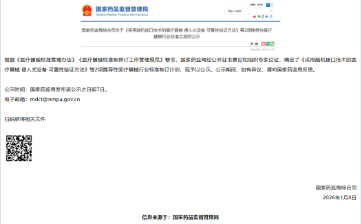 海河观瞻|国家药监局综合司关于《采用脑机接口技术的医疗器械 侵入式设备 可靠性验证方法》等2项推荐性医疗器械行业标准立项的公示